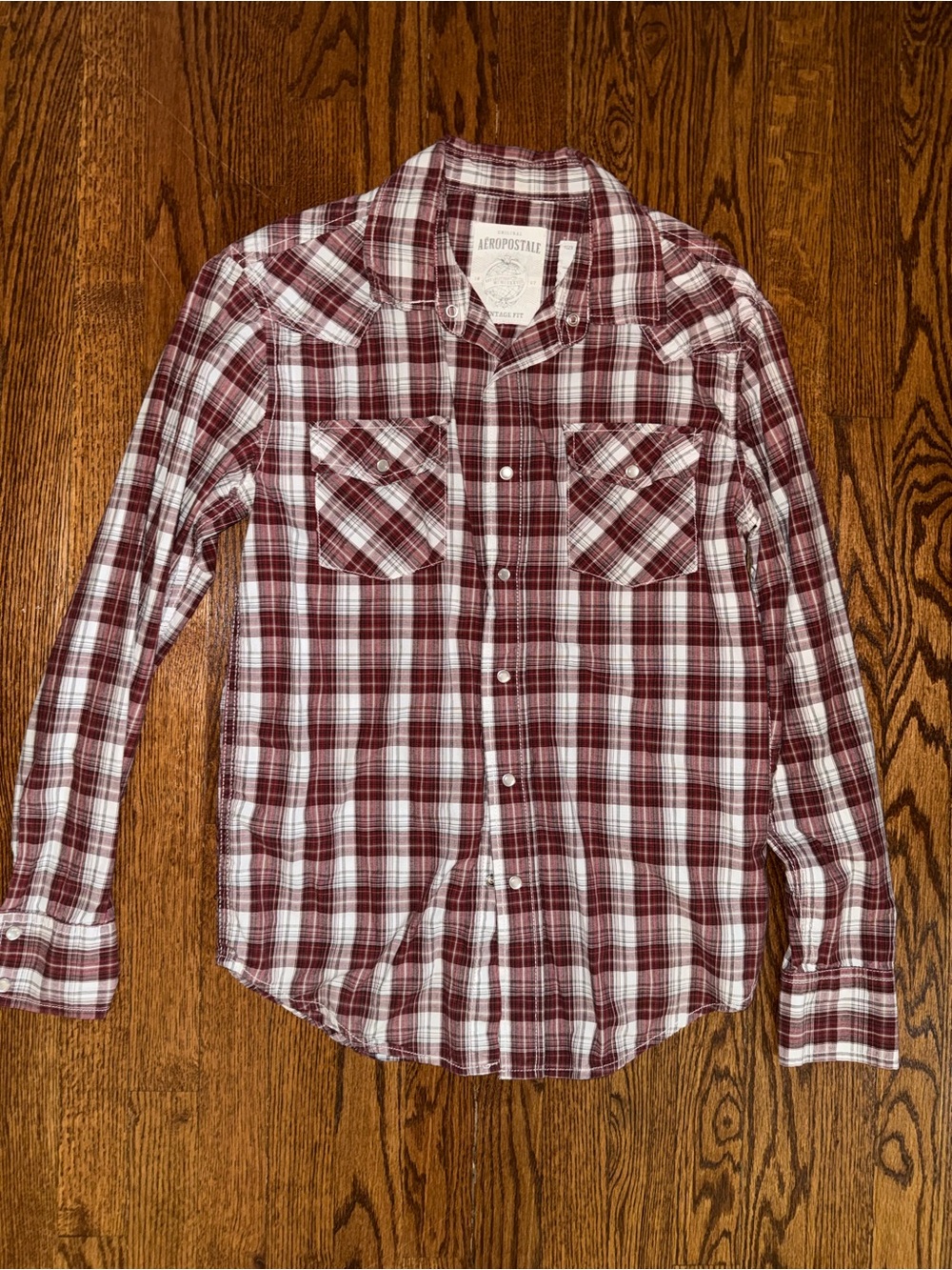 Aeropostale Men's Burgundy and White Plaid Button-Down Shirt